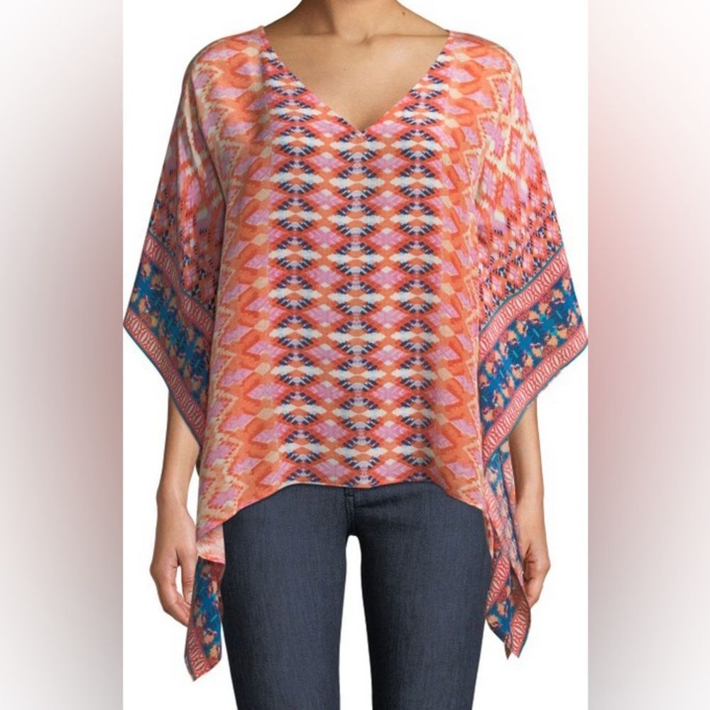 Tolani Briyana 100% Silk Geometric Print Top Pink Orange Blue M